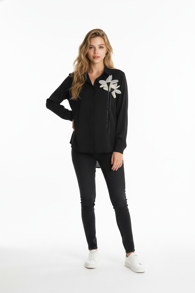 195 Black Georgette Long Sleeve Shirt with White Flower Appliqué