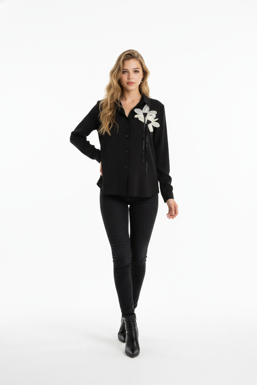 195 Black Georgette Long Sleeve Shirt with White Flower Appliqué