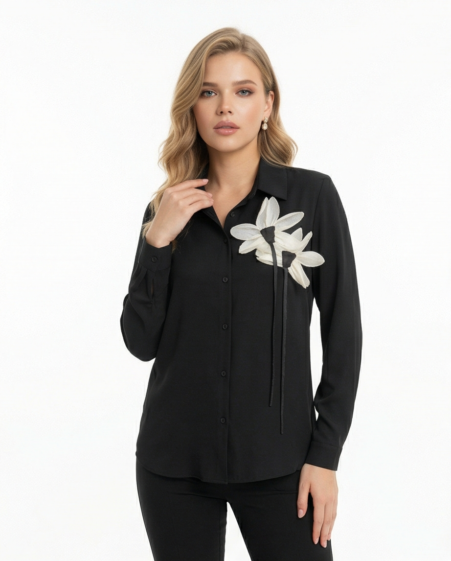 195 Black Georgette Long Sleeve Shirt with White Flower Appliqué