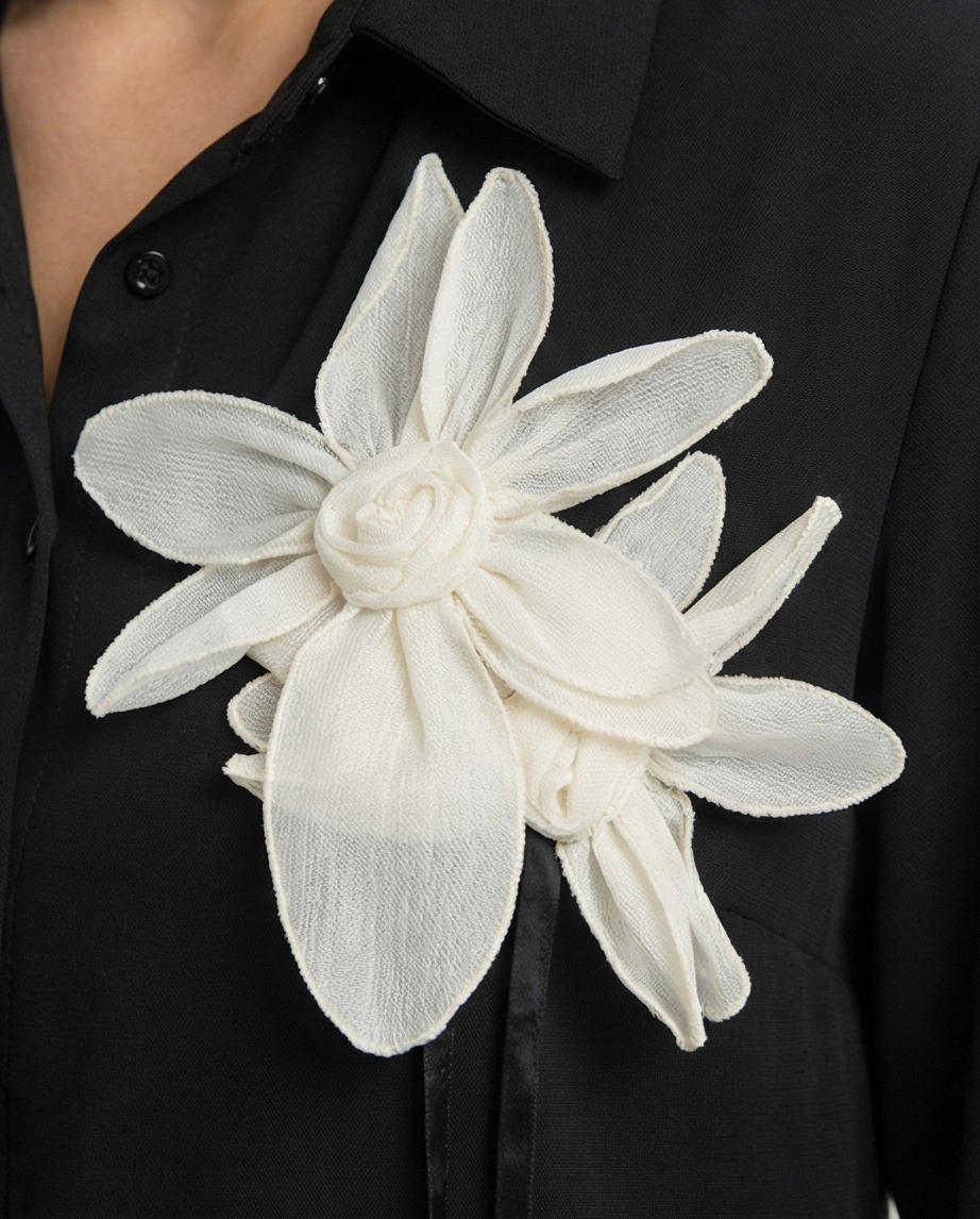 195 Black Georgette Long Sleeve Shirt with White Flower Appliqué