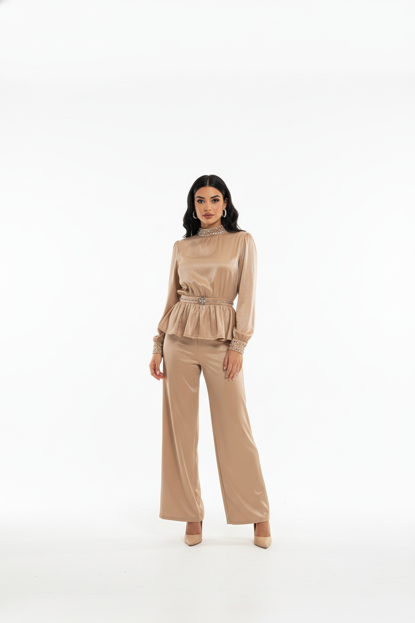 183 Luxury Satin Set in Beige with Strαss Details & Midday Line