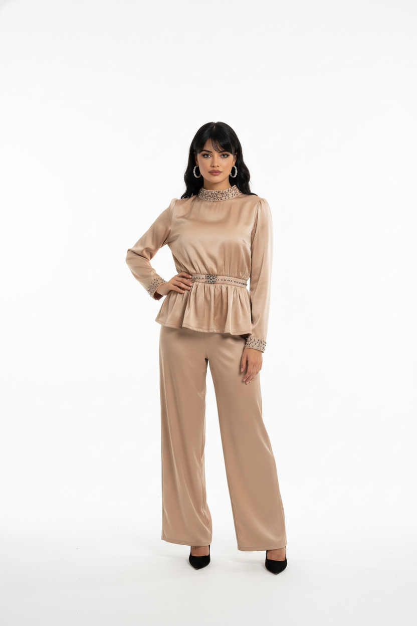 183 Luxury Satin Set in Beige with Strαss Details & Midday Line
