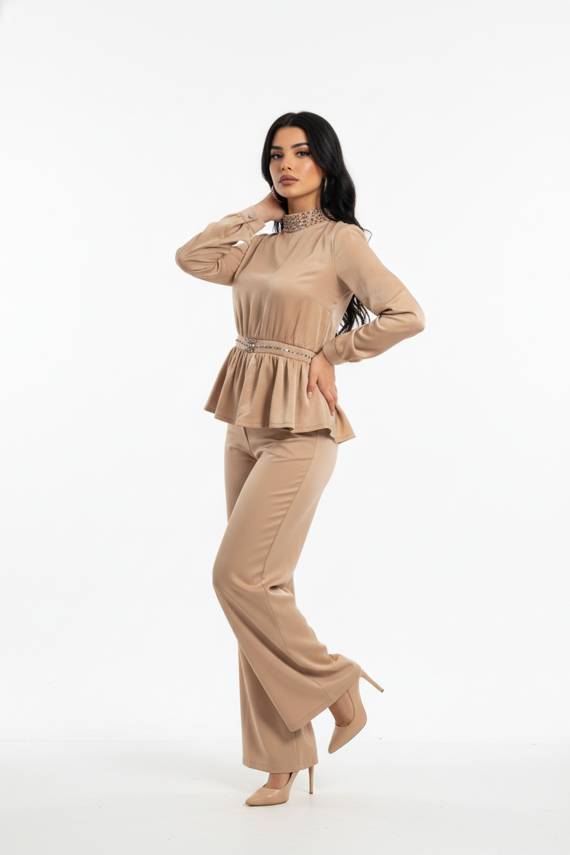 183 Luxury Satin Set in Beige with Strαss Details & Midday Line