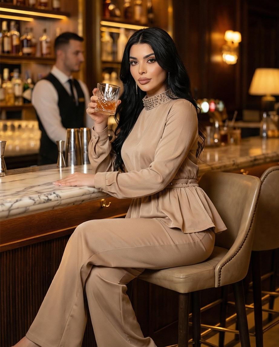 183 Luxury Satin Set in Beige with Strαss Details & Midday Line