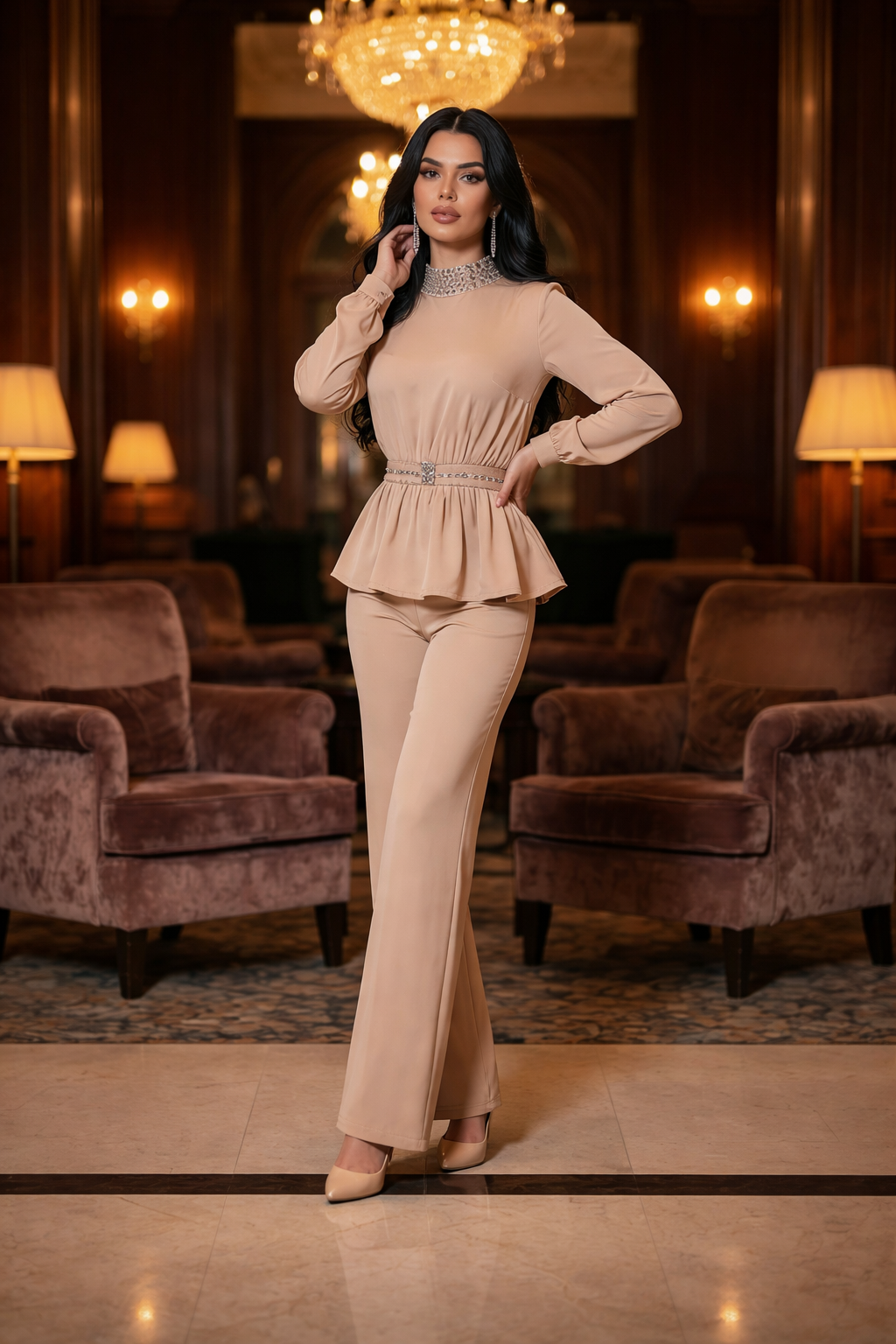 183 Luxury Satin Set in Beige with Strαss Details & Midday Line