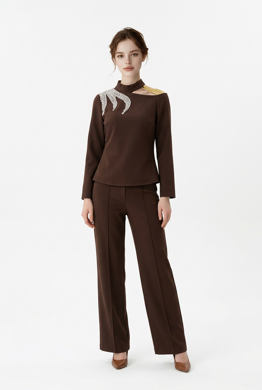 184 Sophistic Set Crepe with Crystal & Asymmetrical Neckline – Dark Brown