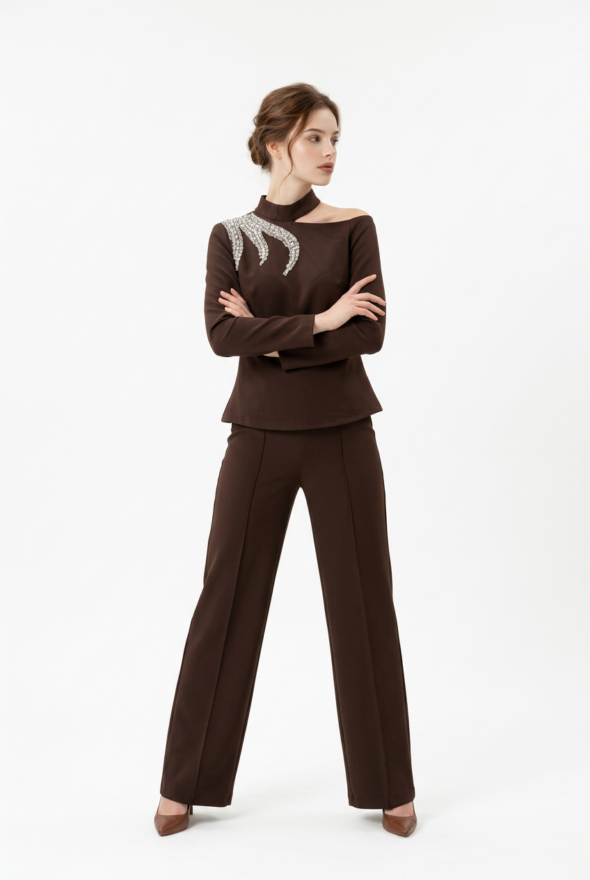 184 Sophistic Set Crepe with Crystal & Asymmetrical Neckline – Dark Brown