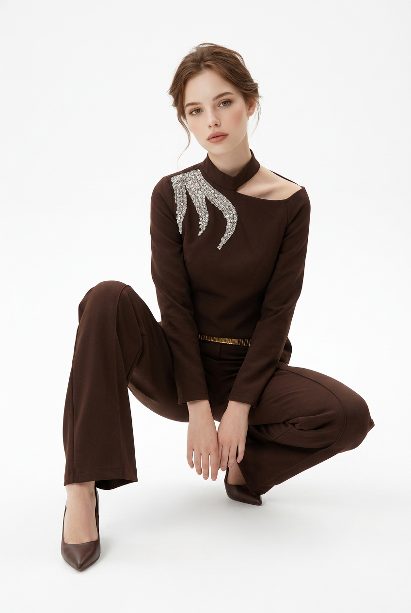 184 Sophistic Set Crepe with Crystal & Asymmetrical Neckline – Dark Brown