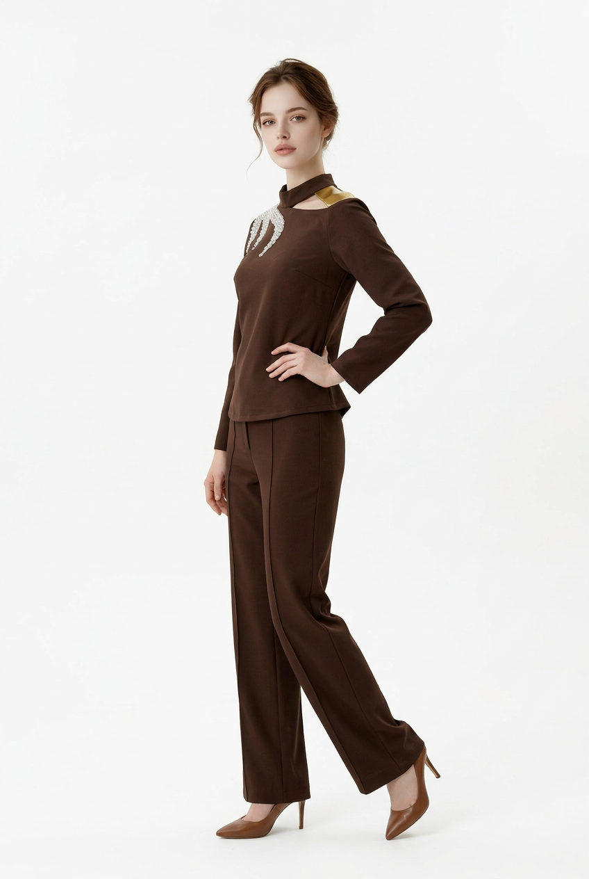 184 Sophistic Set Crepe with Crystal & Asymmetrical Neckline – Dark Brown