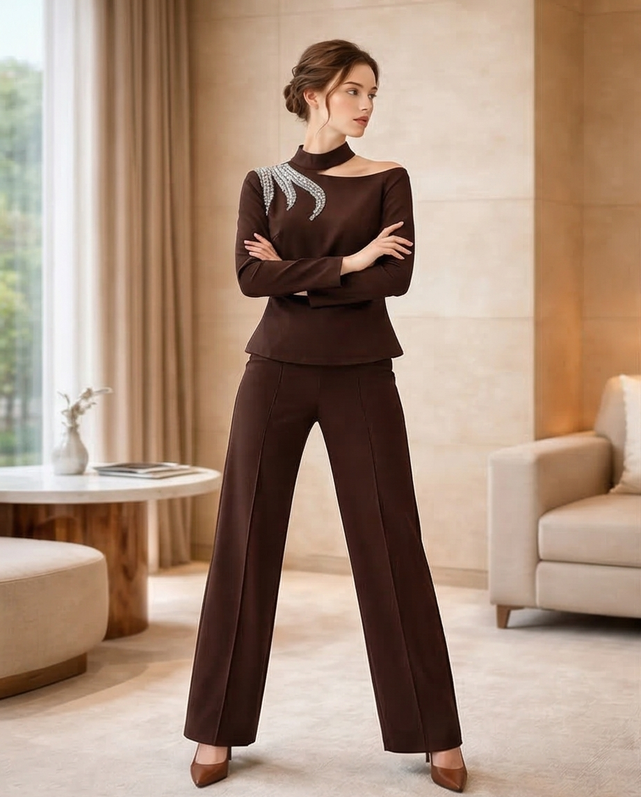 184 Sophistic Set Crepe with Crystal & Asymmetrical Neckline – Dark Brown