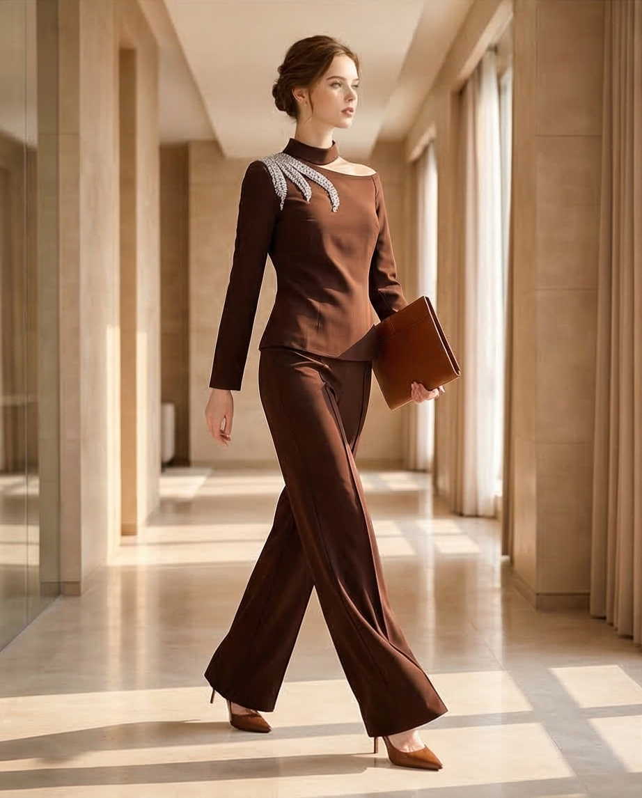 184 Sophistic Set Crepe with Crystal & Asymmetrical Neckline – Dark Brown