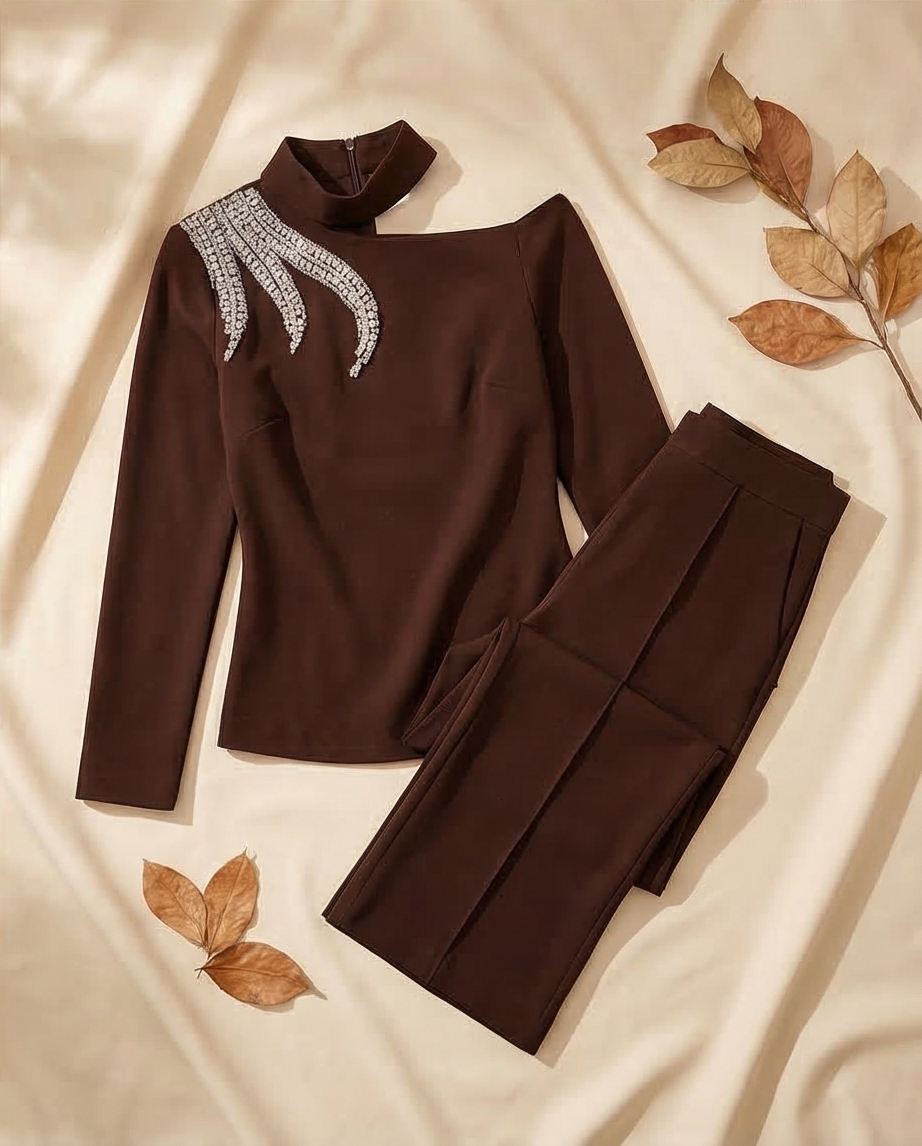 184 Sophistic Set Crepe with Crystal & Asymmetrical Neckline – Dark Brown