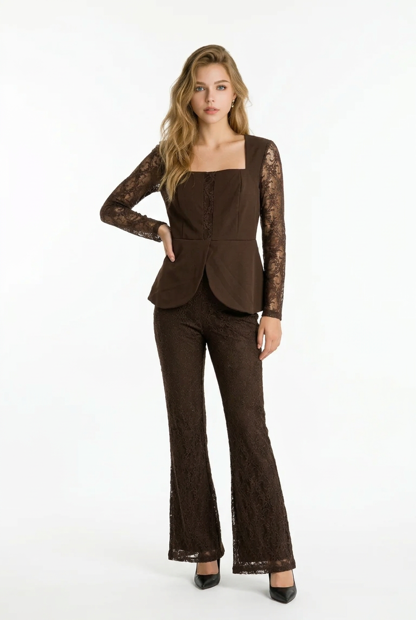 182 Set Crepe in Dark Brown with Luxury Lace & Frame Neckline