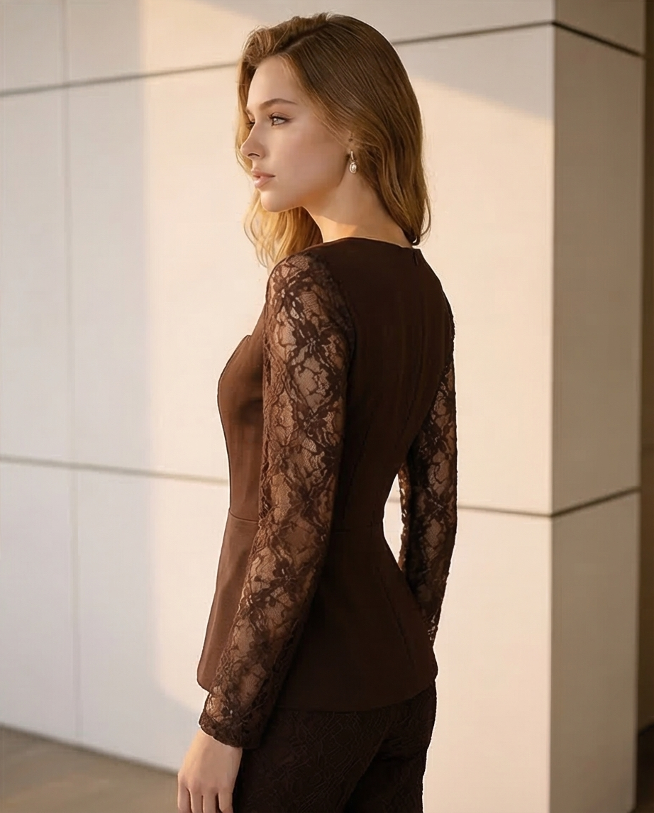 182 Set Crepe in Dark Brown with Luxury Lace & Frame Neckline
