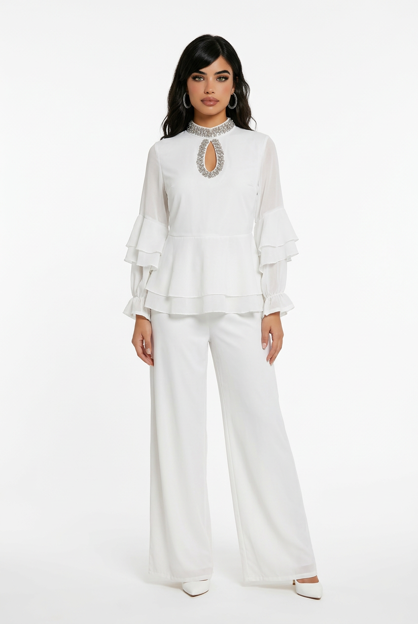 187 Premium White Chiffon Set with Ruffles & Crystal-Embellished Keyhole