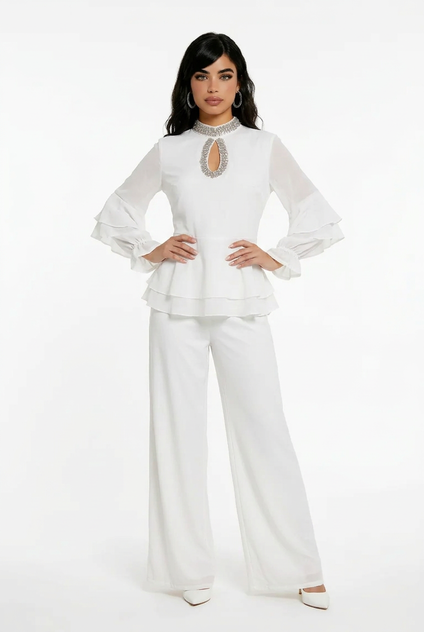 187 Premium White Chiffon Set with Ruffles & Crystal-Embellished Keyhole