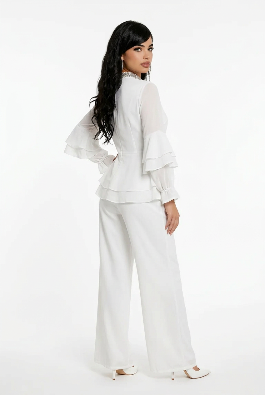 187 Premium White Chiffon Set with Ruffles & Crystal-Embellished Keyhole
