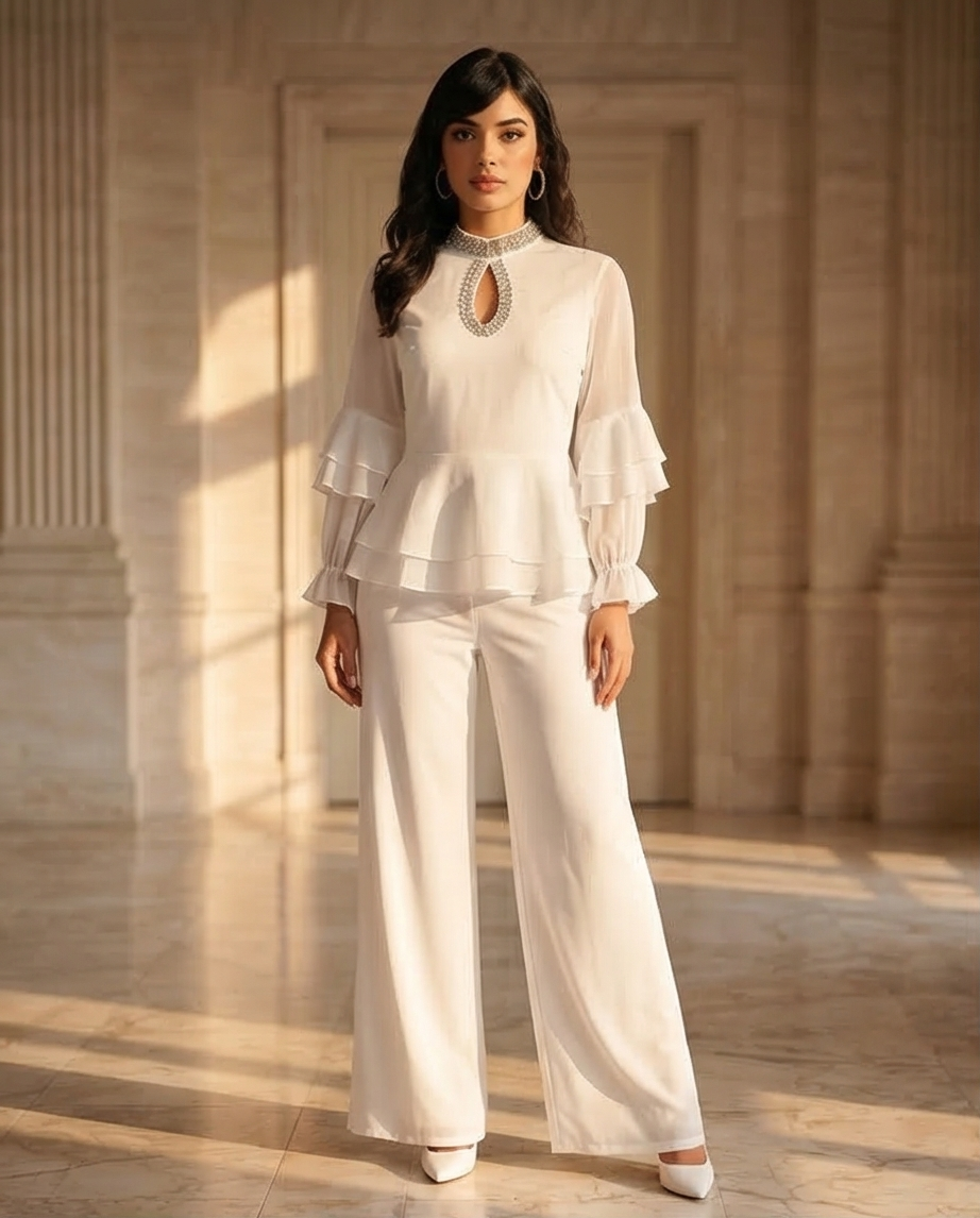 187 Premium White Chiffon Set with Ruffles & Crystal-Embellished Keyhole