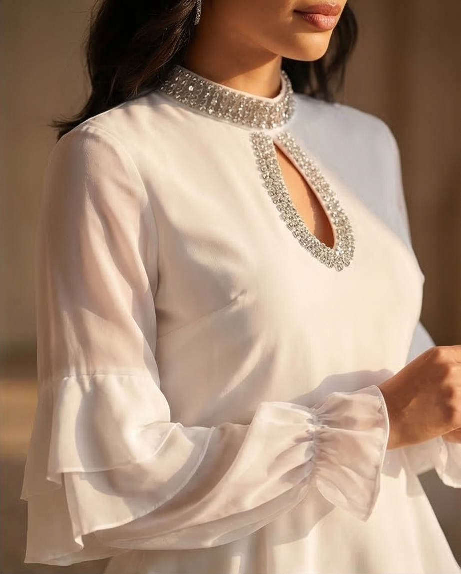 187 Premium White Chiffon Set with Ruffles & Crystal-Embellished Keyhole
