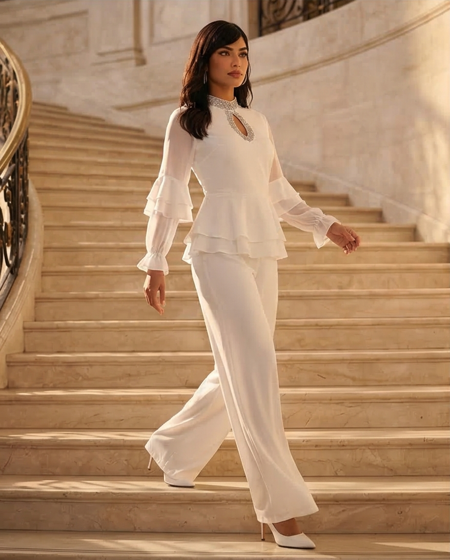 187 Premium White Chiffon Set with Ruffles & Crystal-Embellished Keyhole