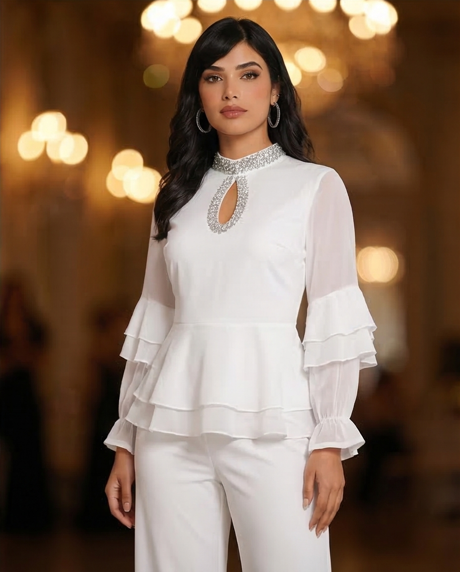 187 Premium White Chiffon Set with Ruffles & Crystal-Embellished Keyhole