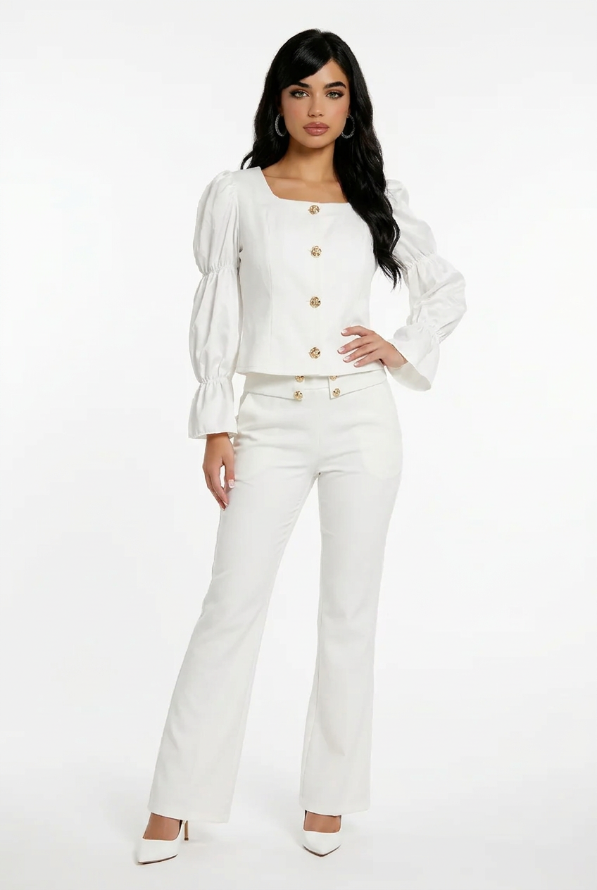 186 White Crepe Set with Satin Statement Sleeves & Gold Buttons