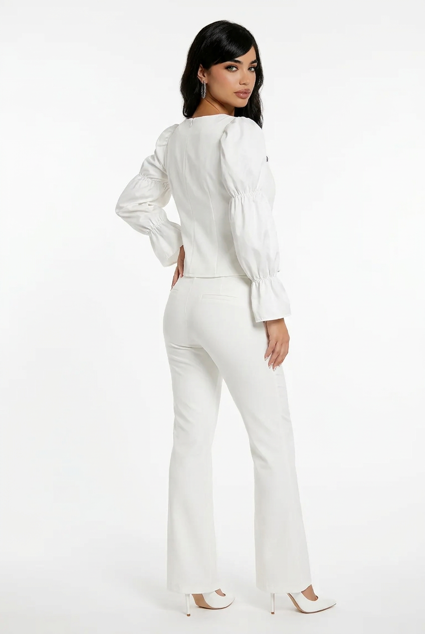 186 White Crepe Set with Satin Statement Sleeves & Gold Buttons