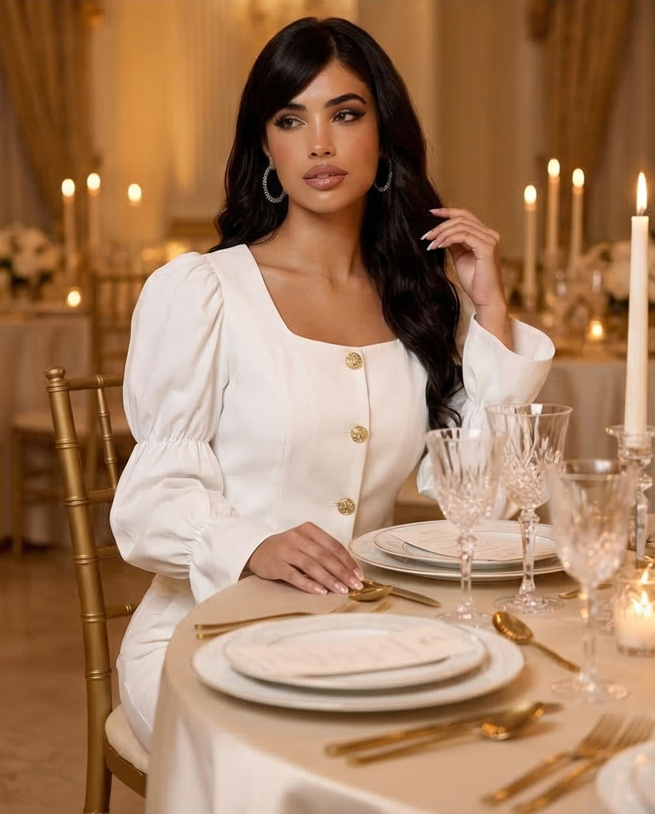 186 White Crepe Set with Satin Statement Sleeves & Gold Buttons