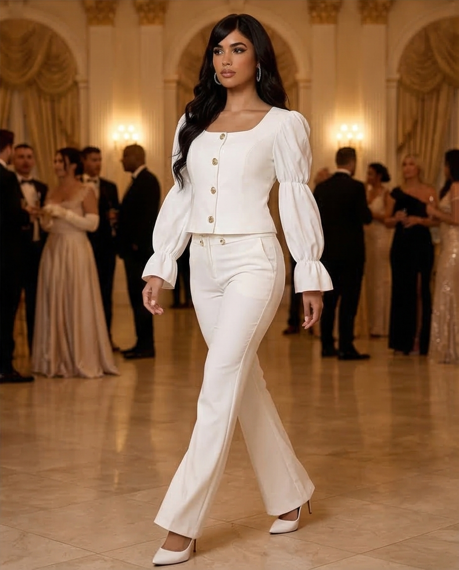 186 White Crepe Set with Satin Statement Sleeves & Gold Buttons