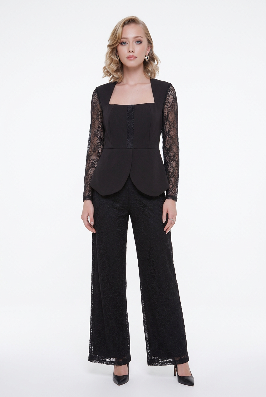 185 Elegant Black Set Crepe with Luxury Lace & Frame Neckline