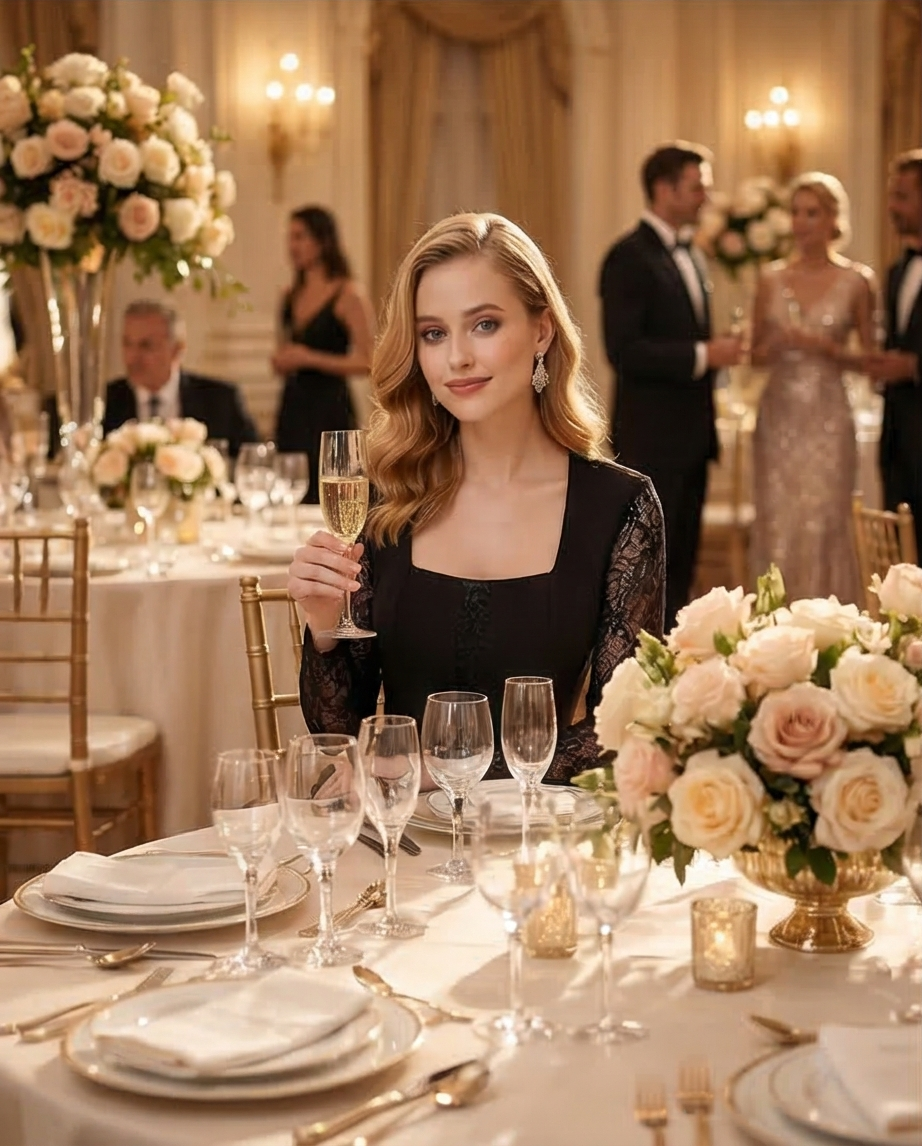 185 Elegant Black Set Crepe with Luxury Lace & Frame Neckline