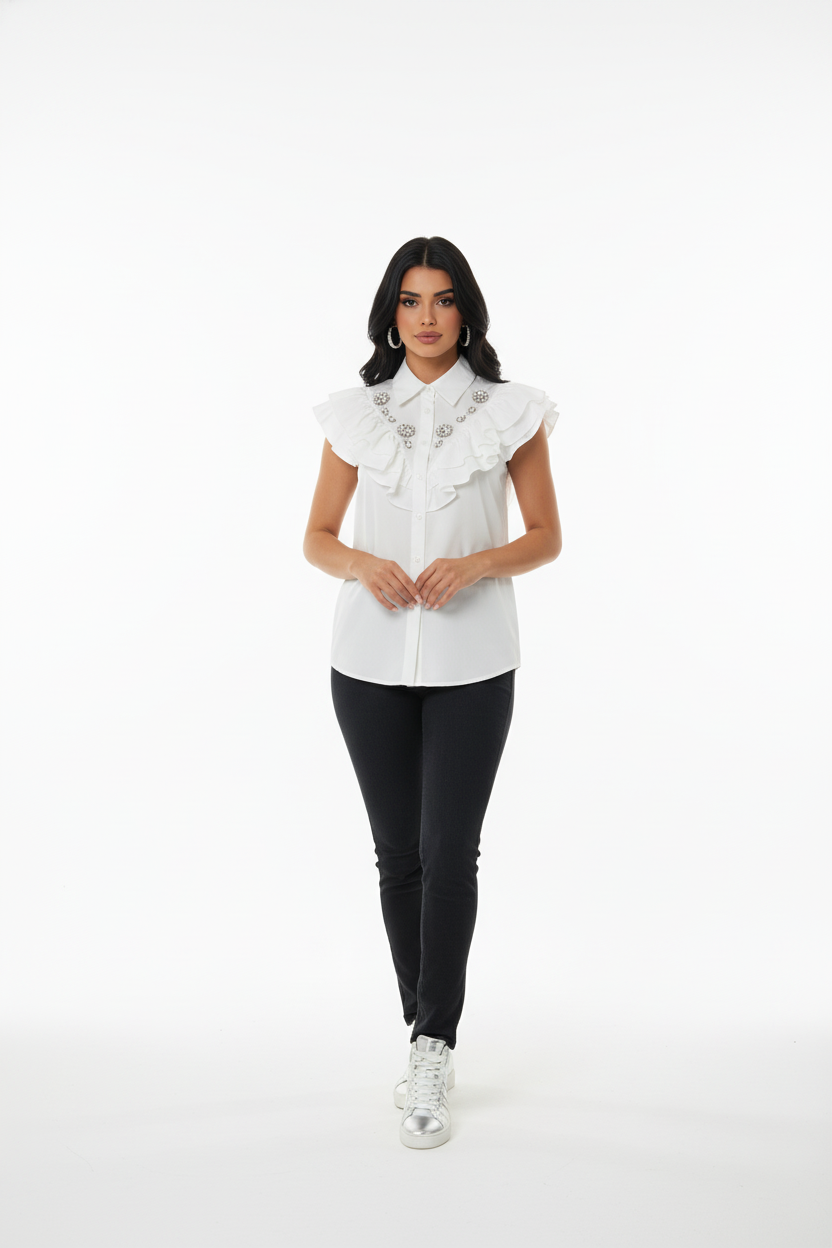 196 Sleeveless White Poplin Shirt with Ruffles & Crystal Details