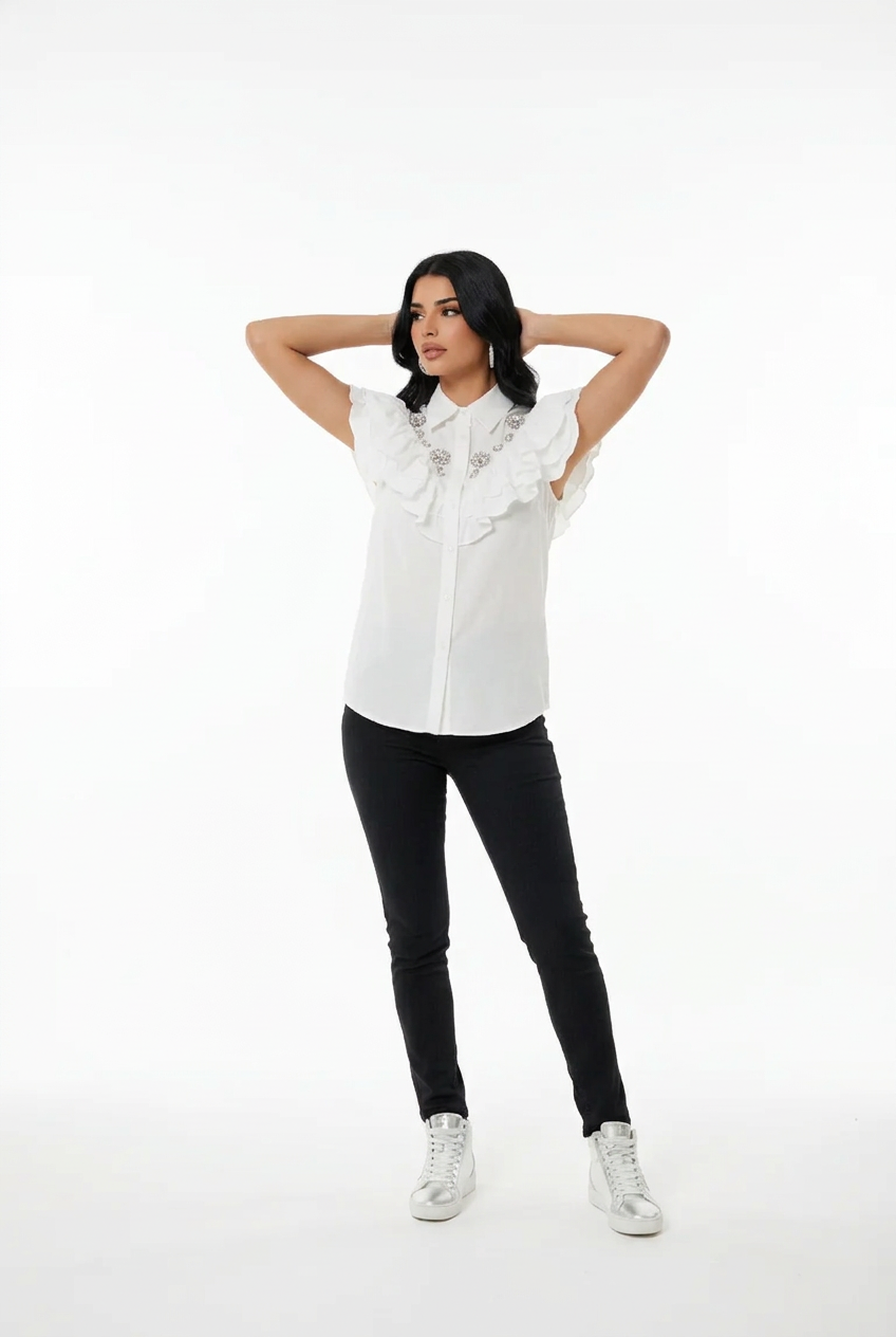 196 Sleeveless White Poplin Shirt with Ruffles & Crystal Details