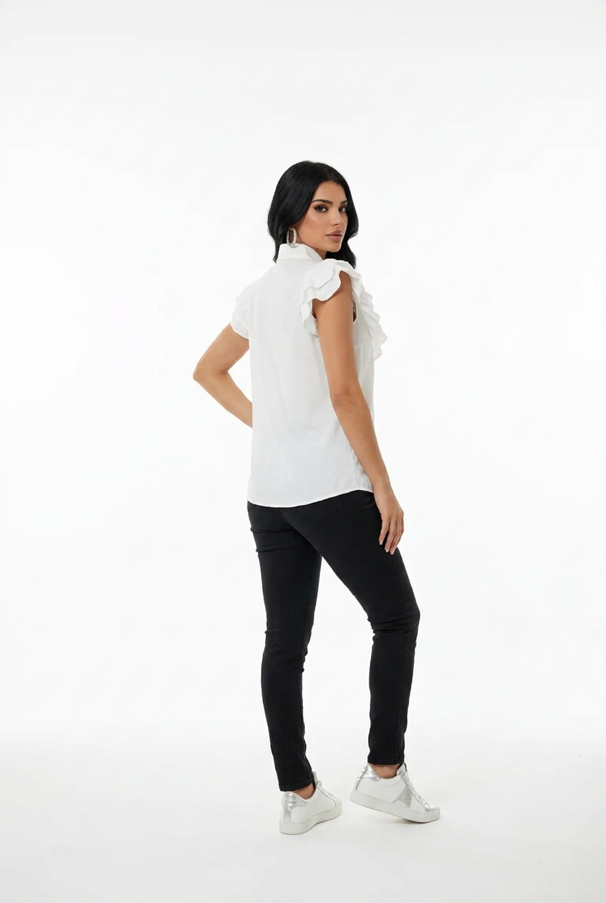 196 Sleeveless White Poplin Shirt with Ruffles & Crystal Details