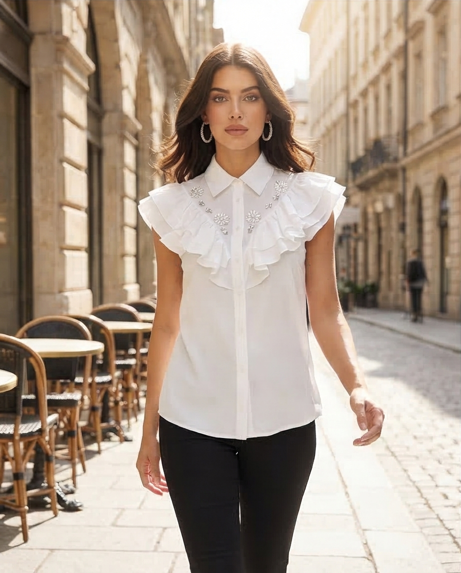 196 Sleeveless White Poplin Shirt with Ruffles & Crystal Details