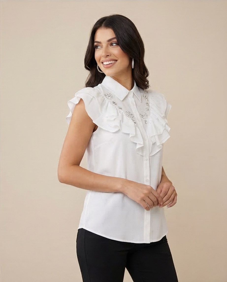 196 Sleeveless White Poplin Shirt with Ruffles & Crystal Details