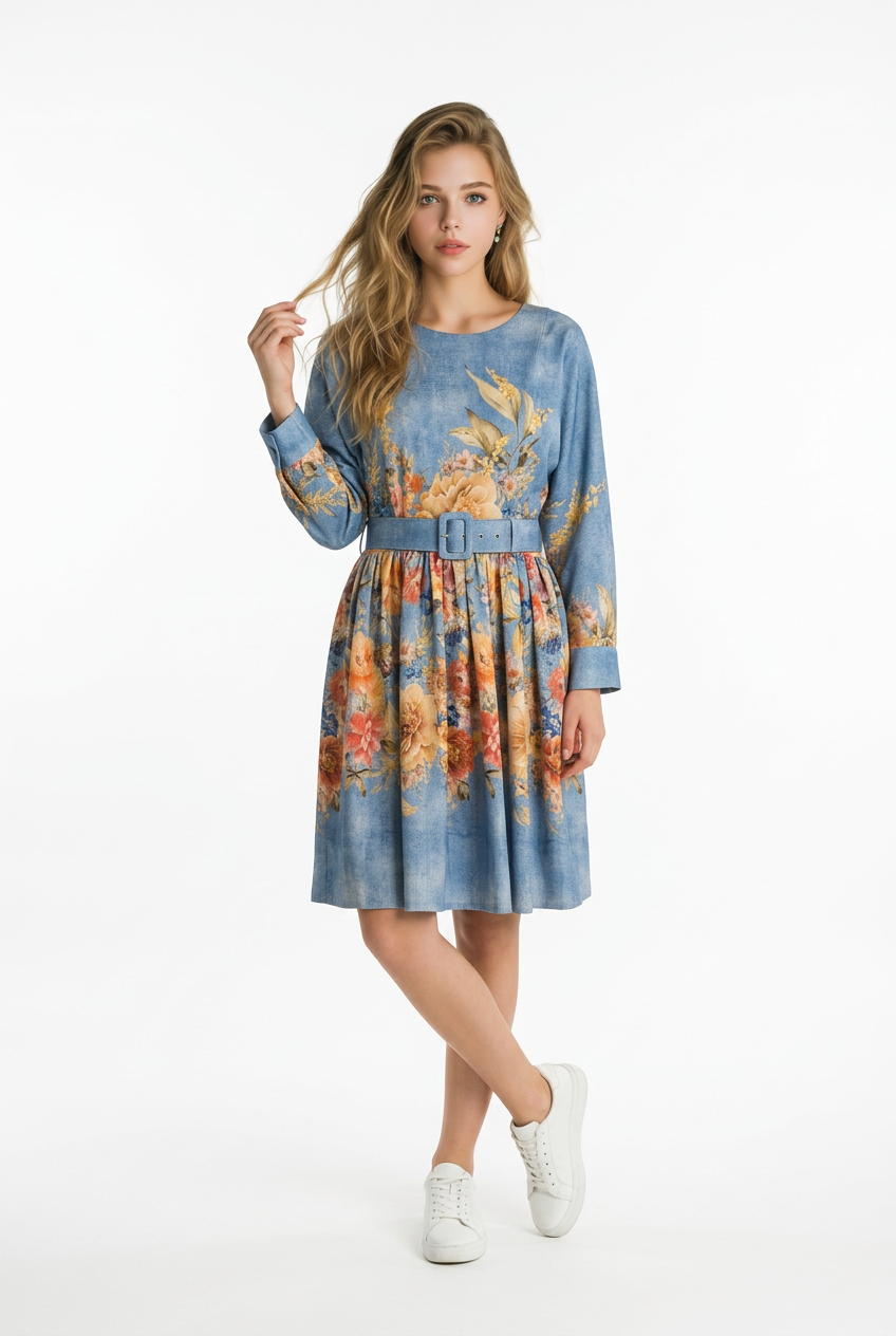 193 Mini Floral Viscose Dress with Raglan Sleeves & Blue Belt