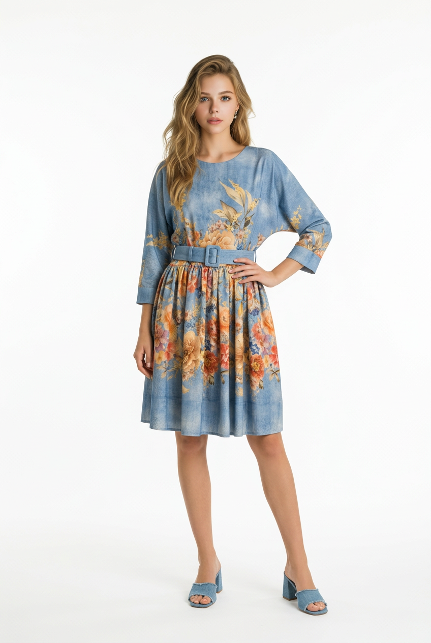 193 Mini Floral Viscose Dress with Raglan Sleeves & Blue Belt