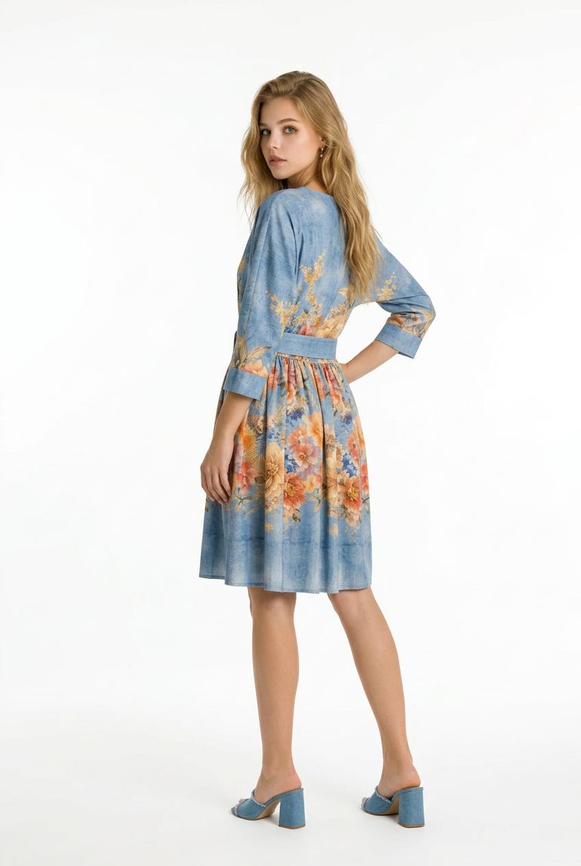 193 Mini Floral Viscose Dress with Raglan Sleeves & Blue Belt