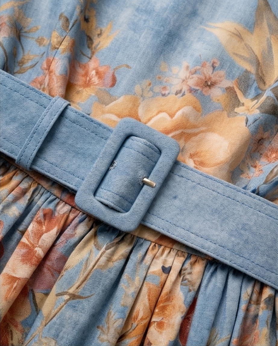 193 Mini Floral Viscose Dress with Raglan Sleeves & Blue Belt