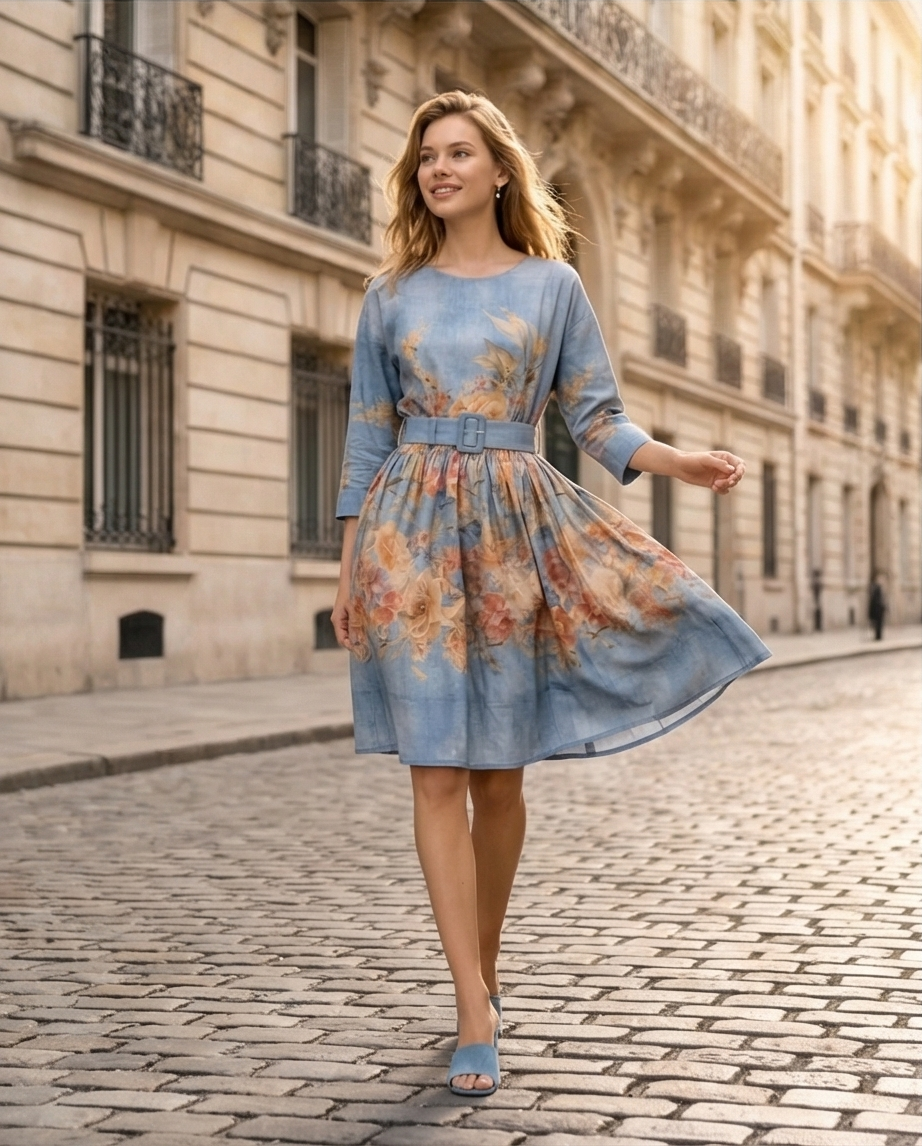193 Mini Floral Viscose Dress with Raglan Sleeves & Blue Belt
