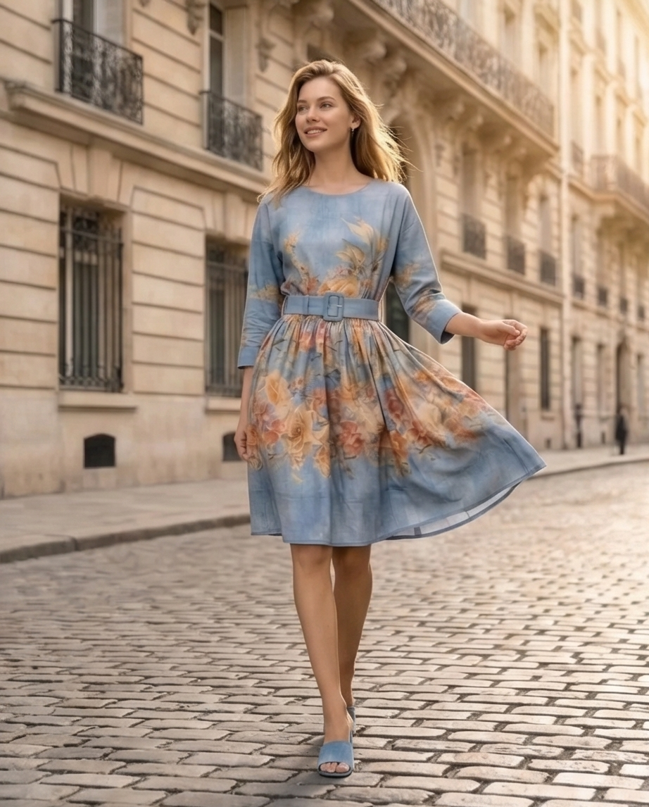 193 Mini Floral Viscose Dress with Raglan Sleeves & Blue Belt