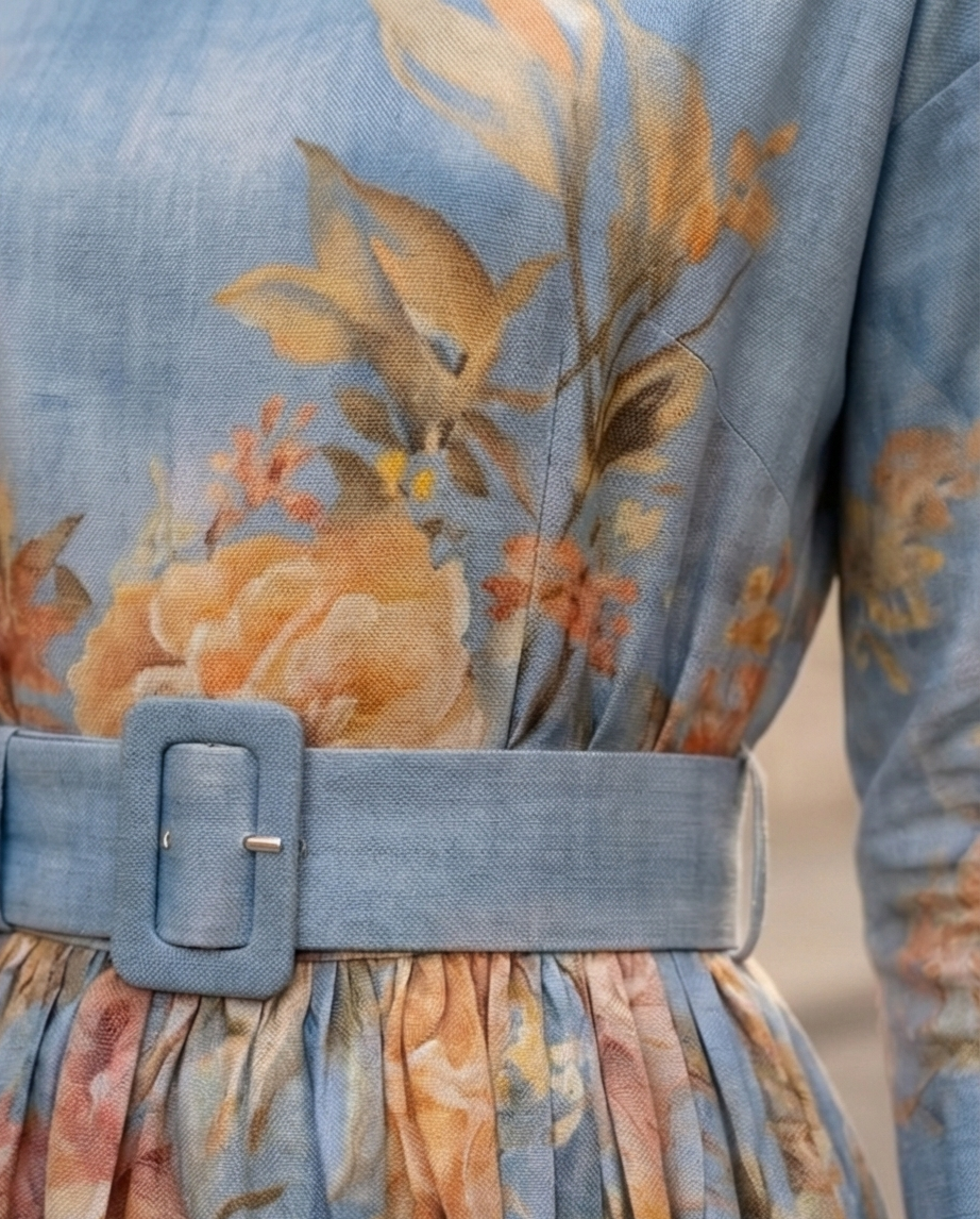 193 Mini Floral Viscose Dress with Raglan Sleeves & Blue Belt
