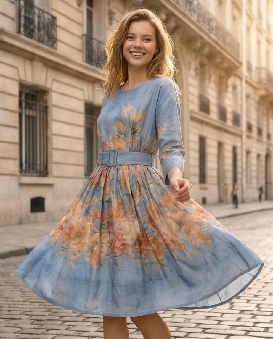 193 Mini Floral Viscose Dress with Raglan Sleeves & Blue Belt