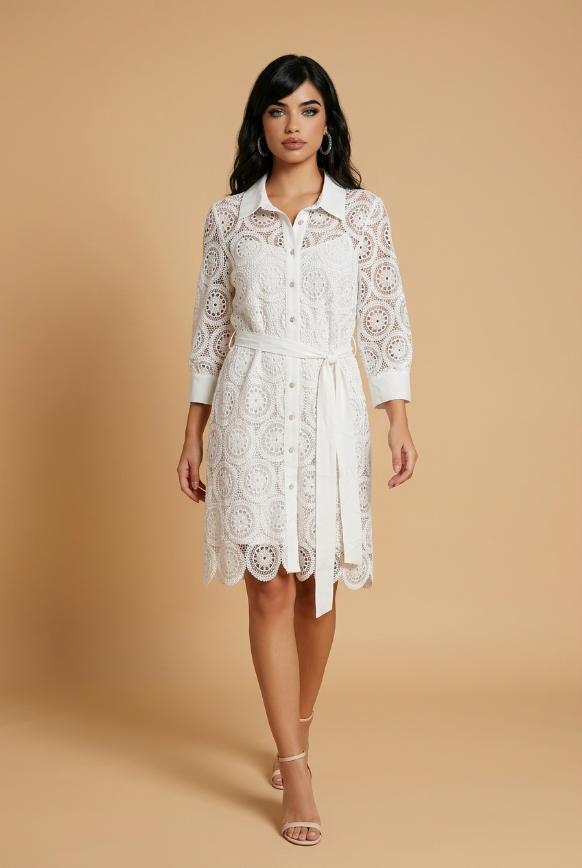 210 White Lace Mini Shirt-Dress – Crepe Details & Matching Belt