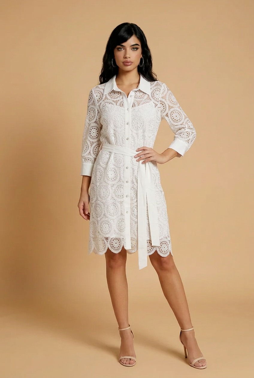 210 White Lace Mini Shirt-Dress – Crepe Details & Matching Belt