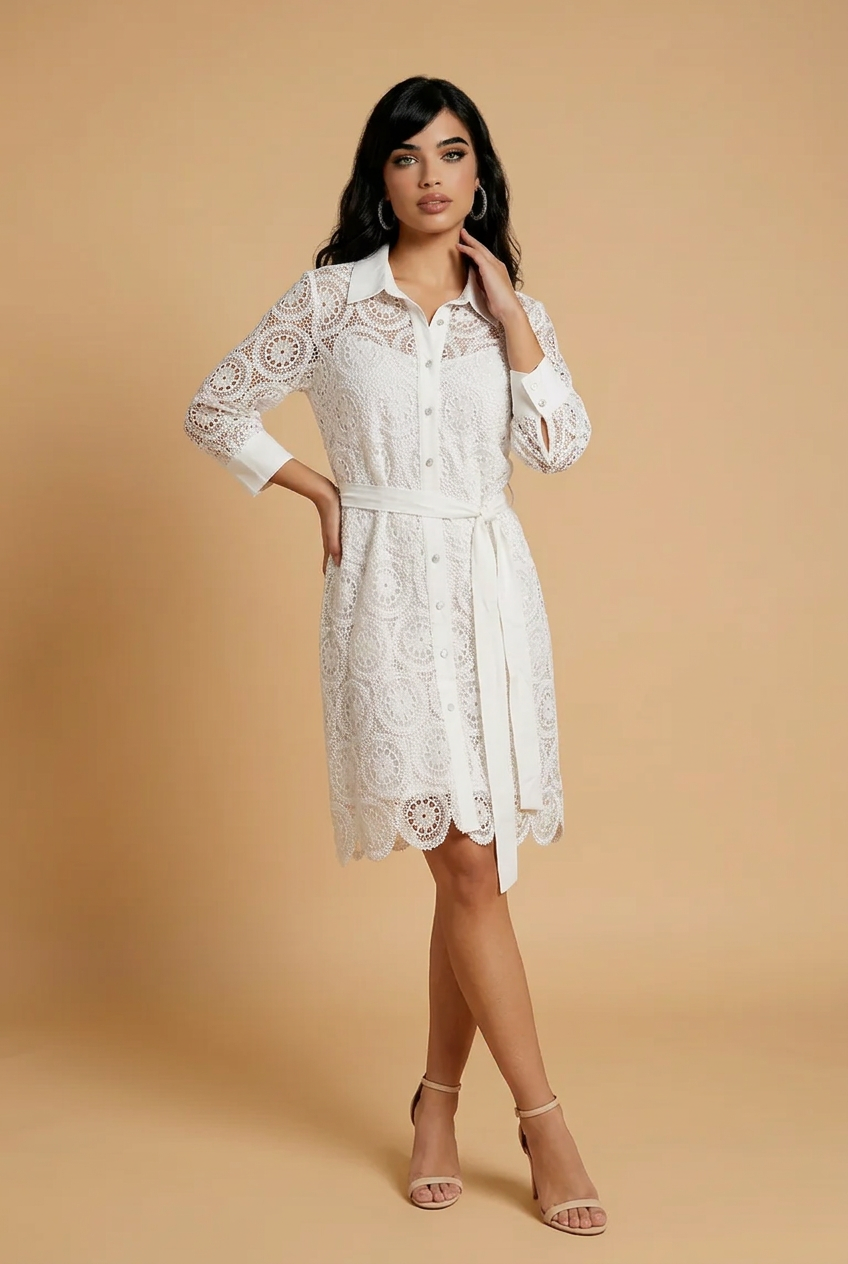 210 White Lace Mini Shirt-Dress – Crepe Details & Matching Belt