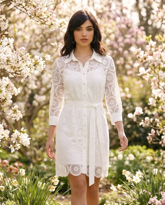 210 White Lace Mini Shirt-Dress – Crepe Details & Matching Belt