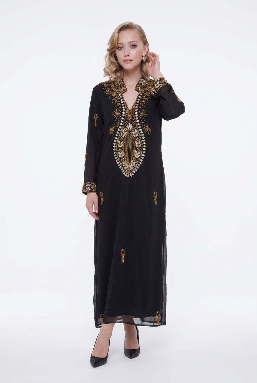 197 Chiffon Column Dress with Luxury Gold Crystal Embellishments