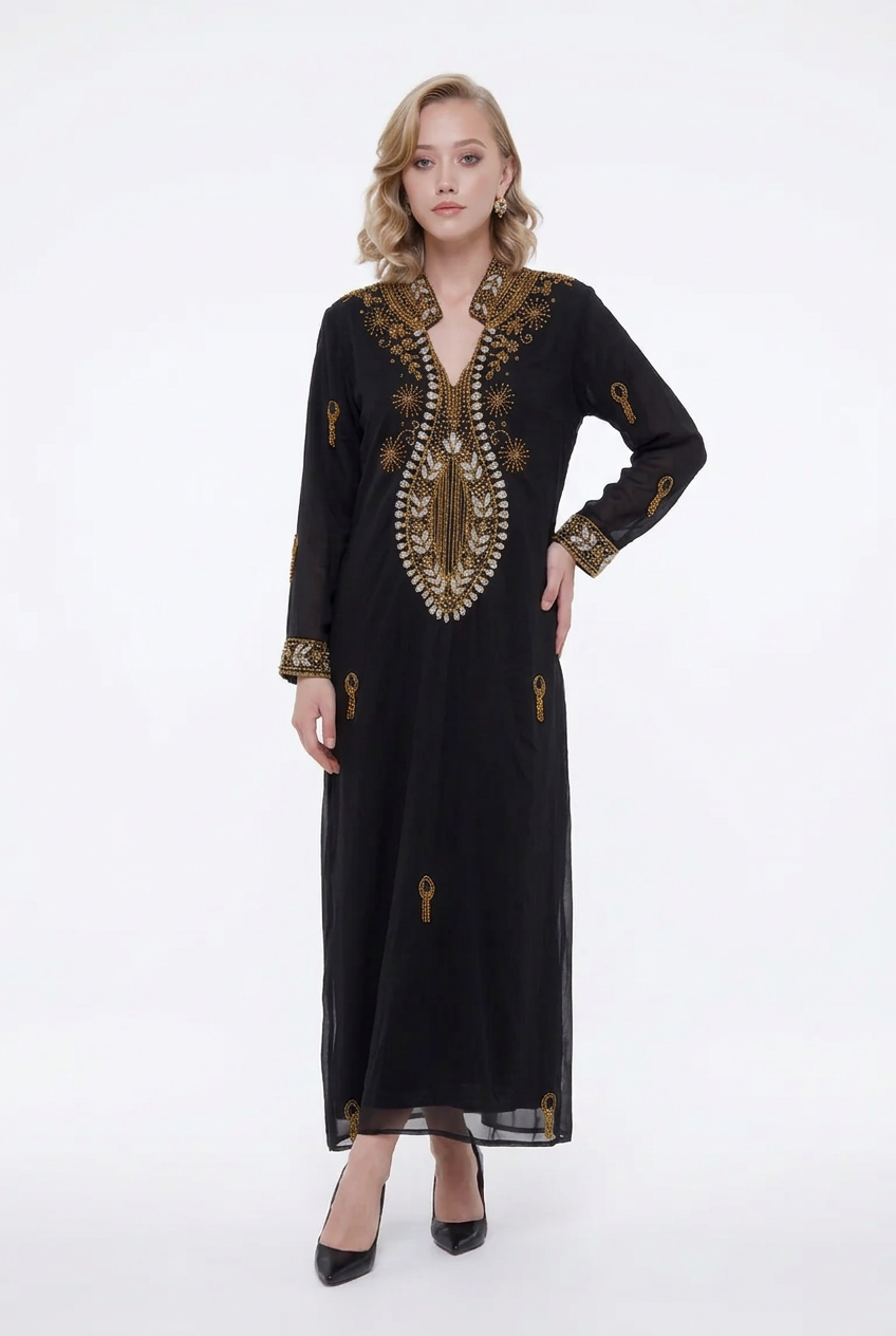 197 Chiffon Column Dress with Luxury Gold Crystal Embellishments